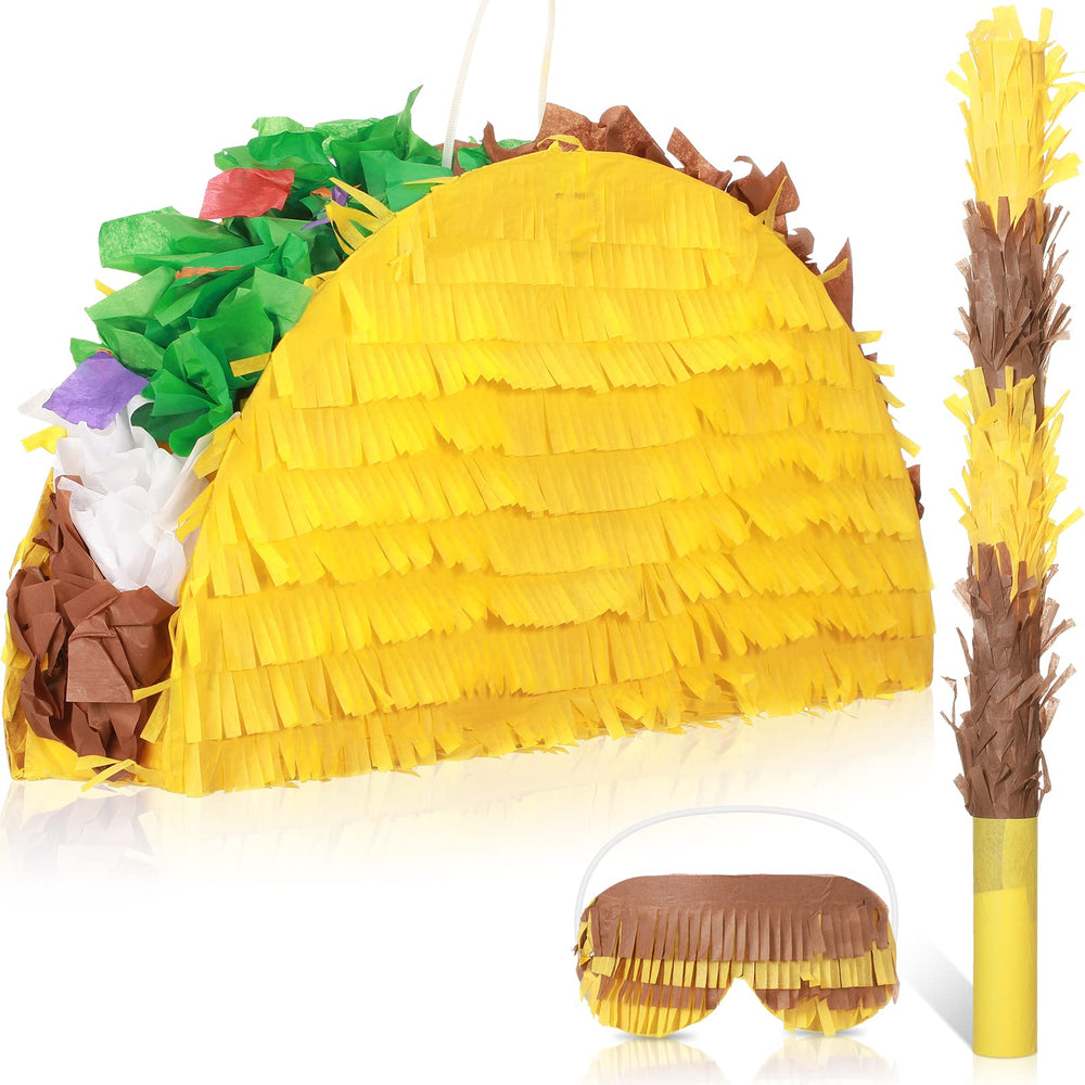 Sratte taco pinata decoration with bright yellow tissue, ideal centerpiece for celebratory fiestas.