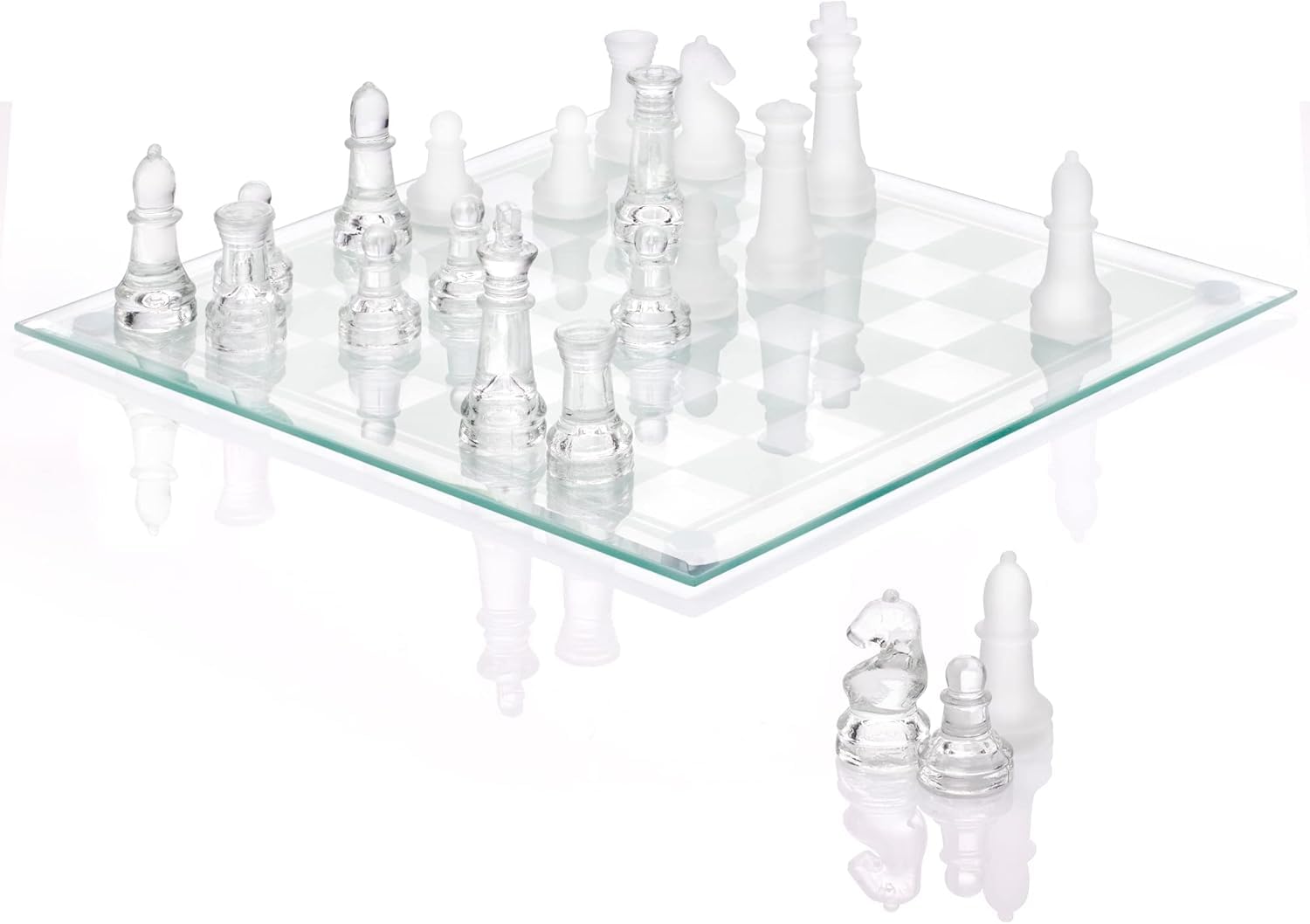 Srenta fine glass chess board on a sleek surface for elegant game nights