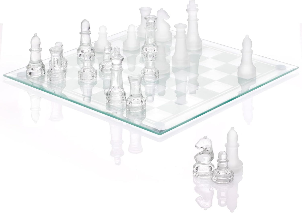 Srenta fine glass chess board on a sleek surface for elegant game nights