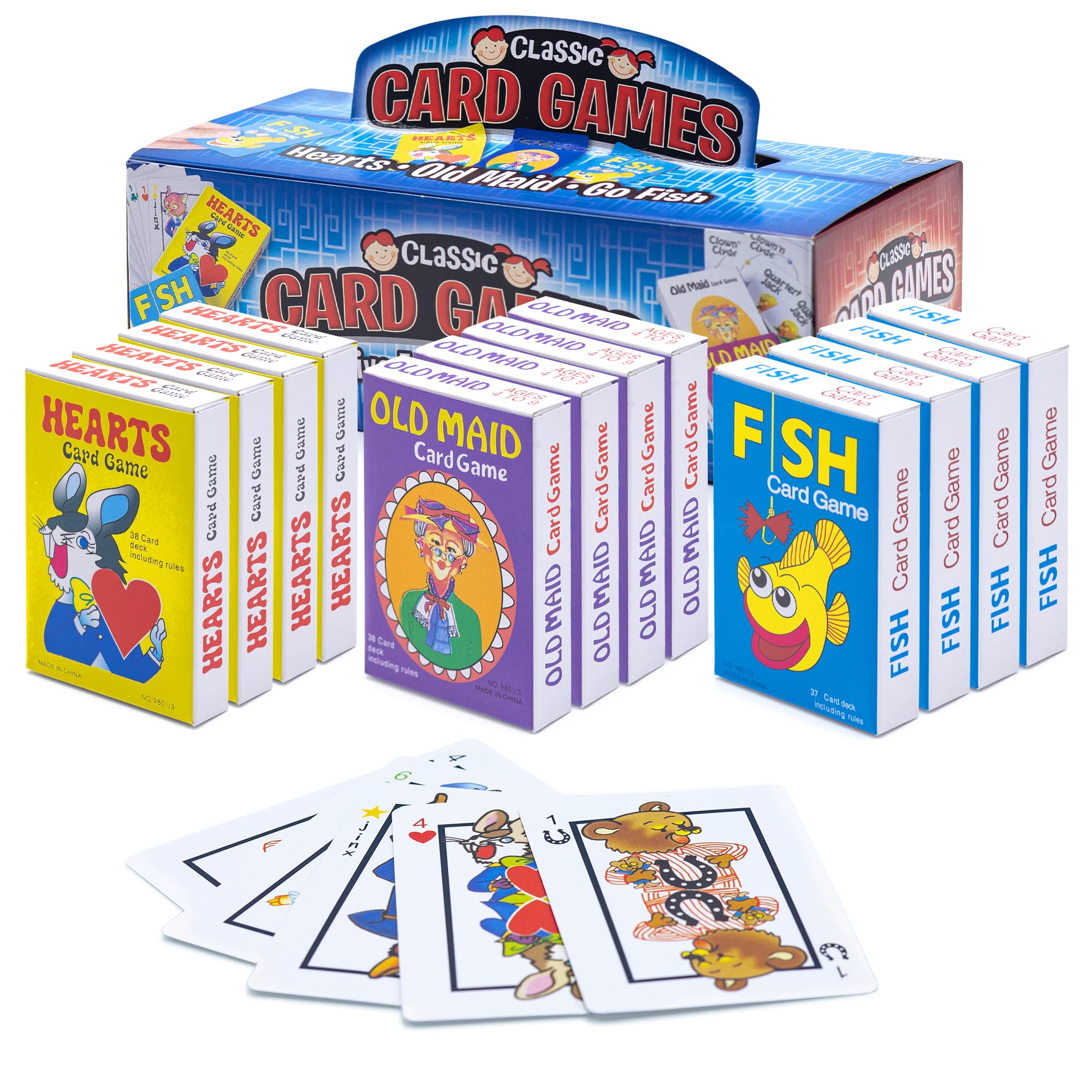 Srenta 12-pack carton display of kids card games on a party table
