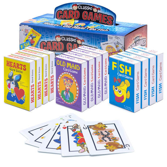 Srenta 12-pack carton display of kids card games on a party table
