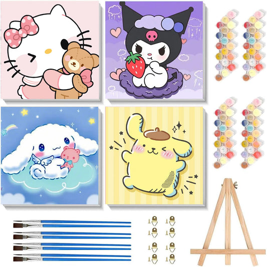 Sretoul four-pack cartoon paint by numbers canvases for kids, beginner-friendly.