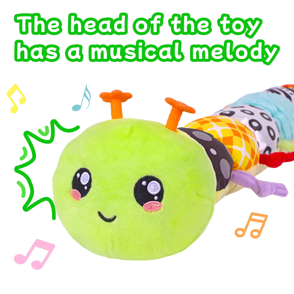 SRICH caterpillar toy tummy-time use with high-contrast patterns for head-lift practice