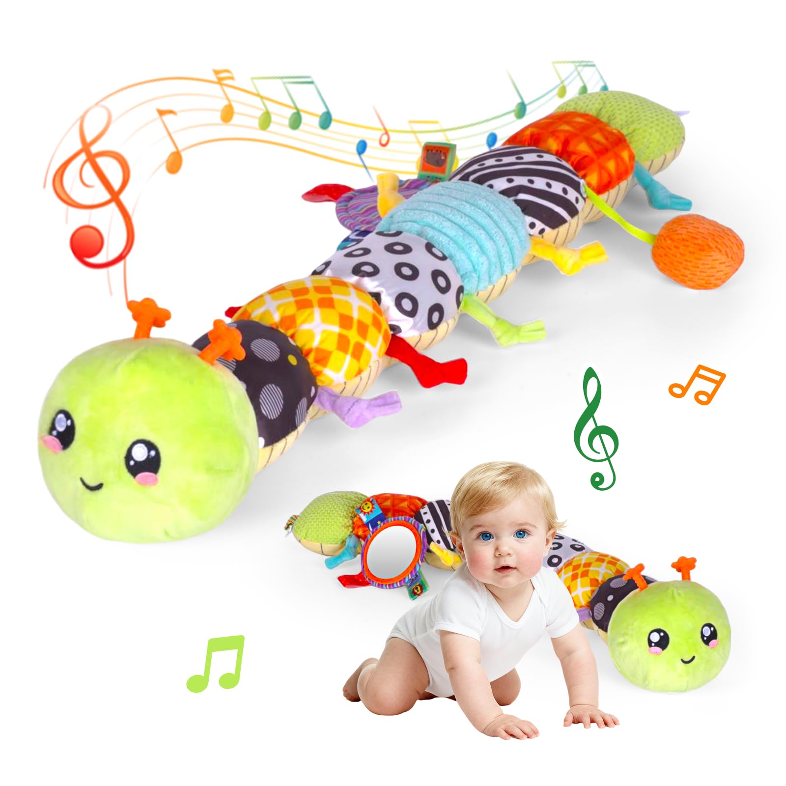 SRICH baby musical plush caterpillar toy close-up showing soft texture and vibrant colors for sensory play