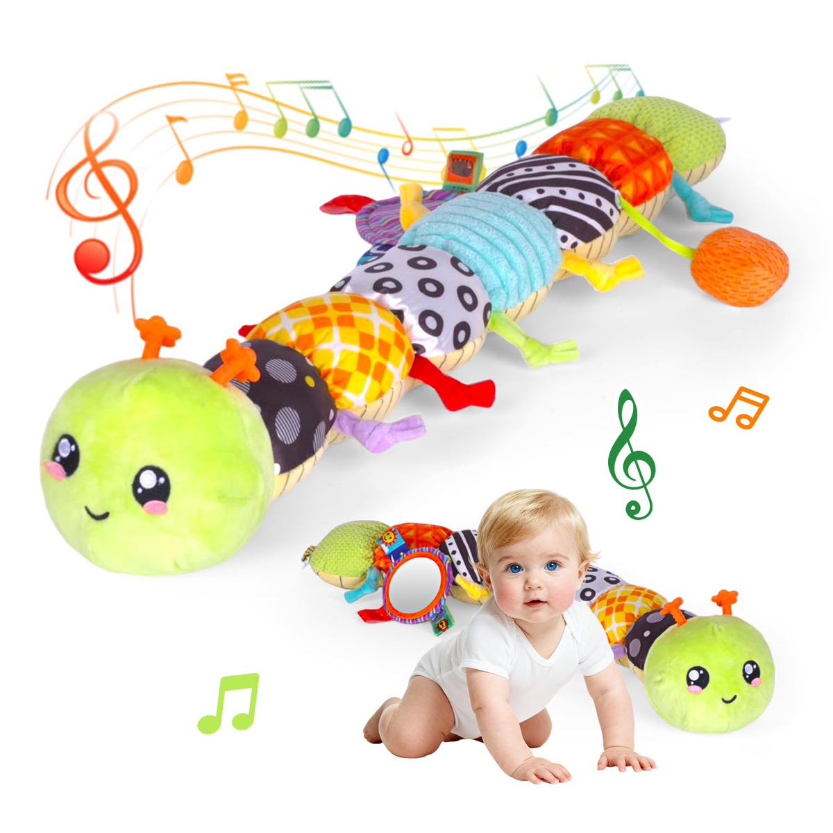SRICH baby musical plush caterpillar toy close-up showing soft texture and vibrant colors for sensory play