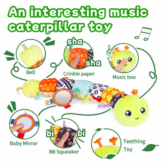 SRICH caterpillar toy face detail highlighting gentle chews and comforting design