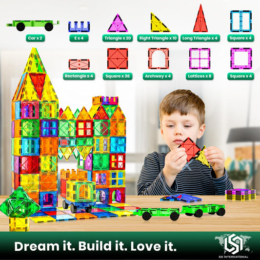 SS INTERNATIONAL magnet tiles with two cars included for imaginative play.