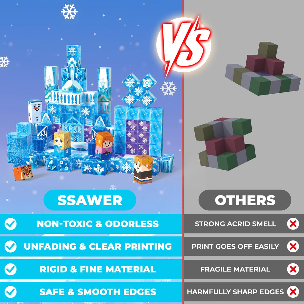 SSAWER magnetic blocks provide safe, durable play for ages 3 and up.