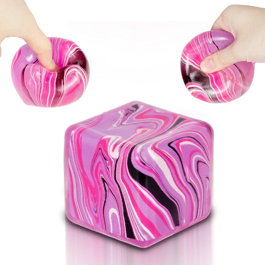 Ssqauvig squishy cube pink in hand, ideal for portable stress relief during commutes