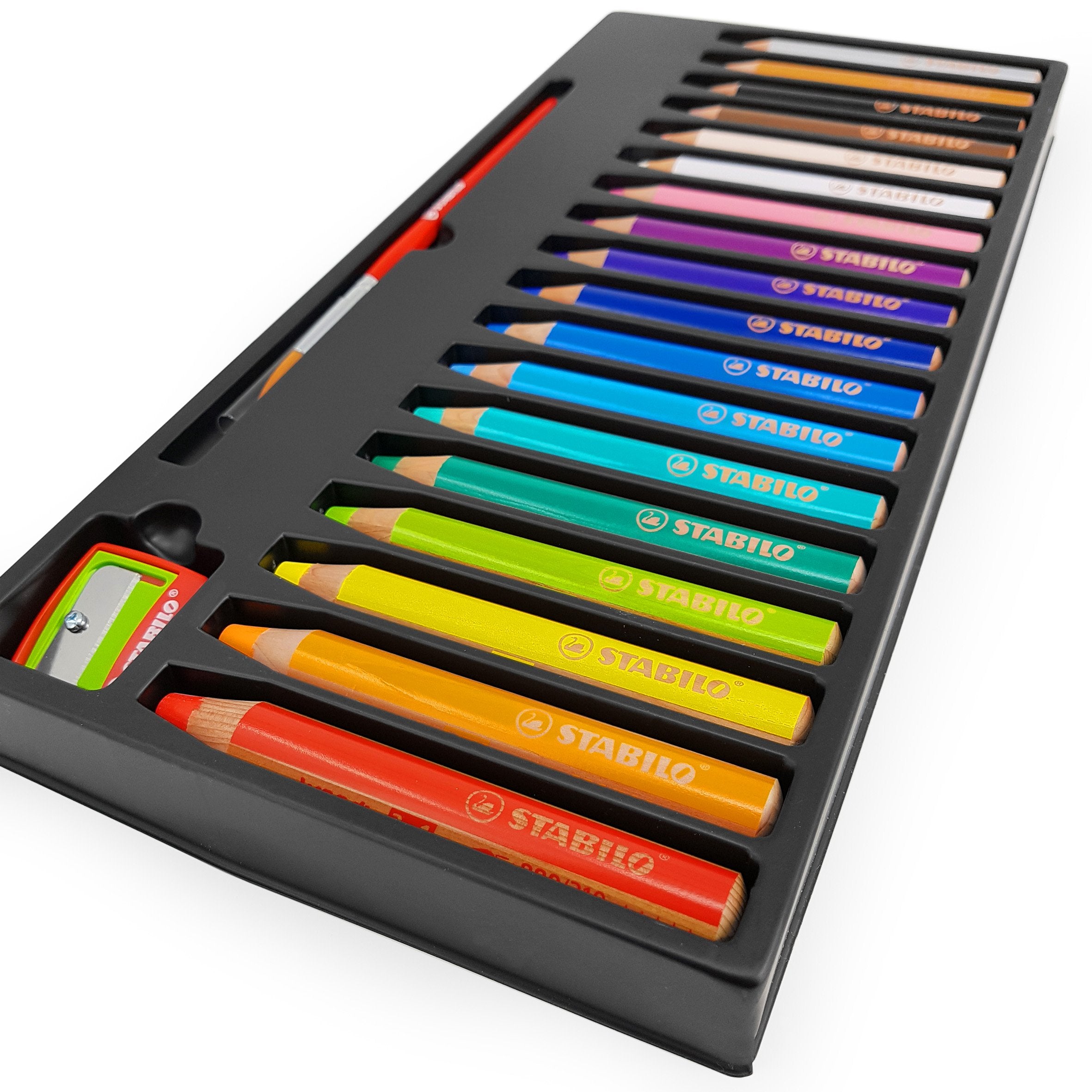 STABILO Woody 3-in-1 watercolor pencils in 18 vivid colors for vibrant drawings.
