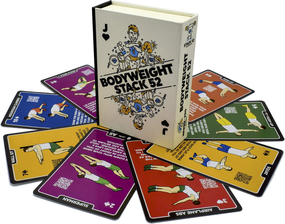 Stack 52 bodyweight exercise cards deck with video guidance for quick workouts.