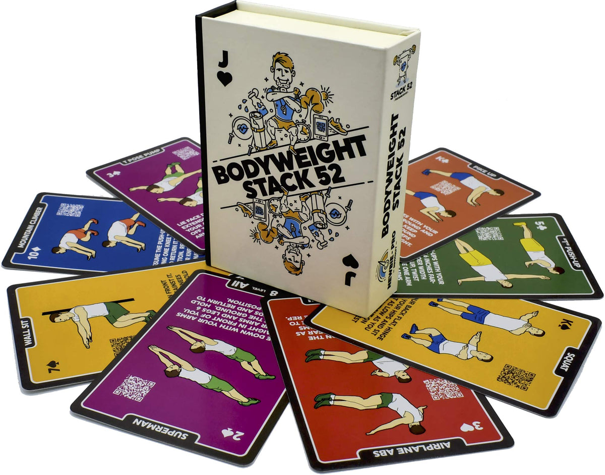 Stack 52 bodyweight exercise cards deck with video guidance for quick workouts.