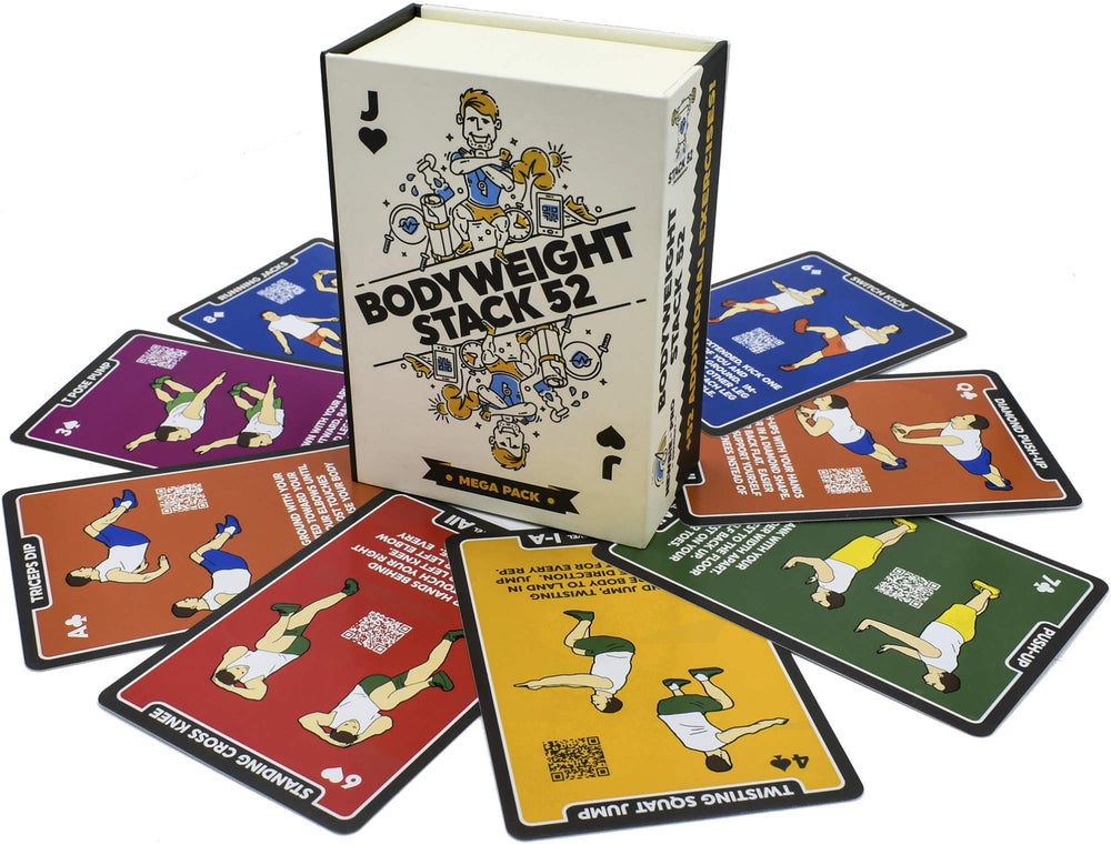 Stack 52 Mega Pack cards on table showing diverse workouts for quick sessions.