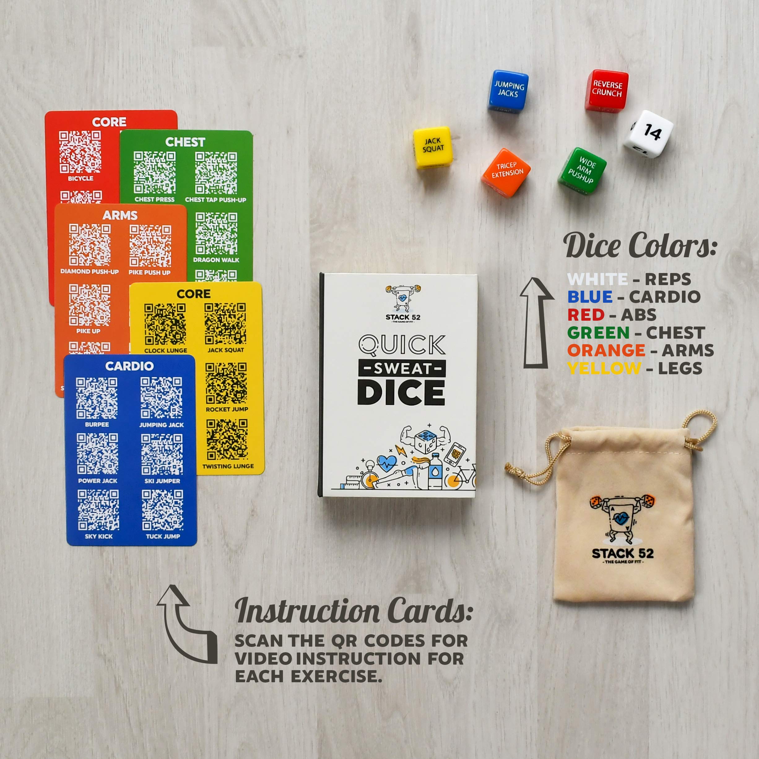 Stack 52 Quick Sweat Dice showcasing 30 bodyweight exercises