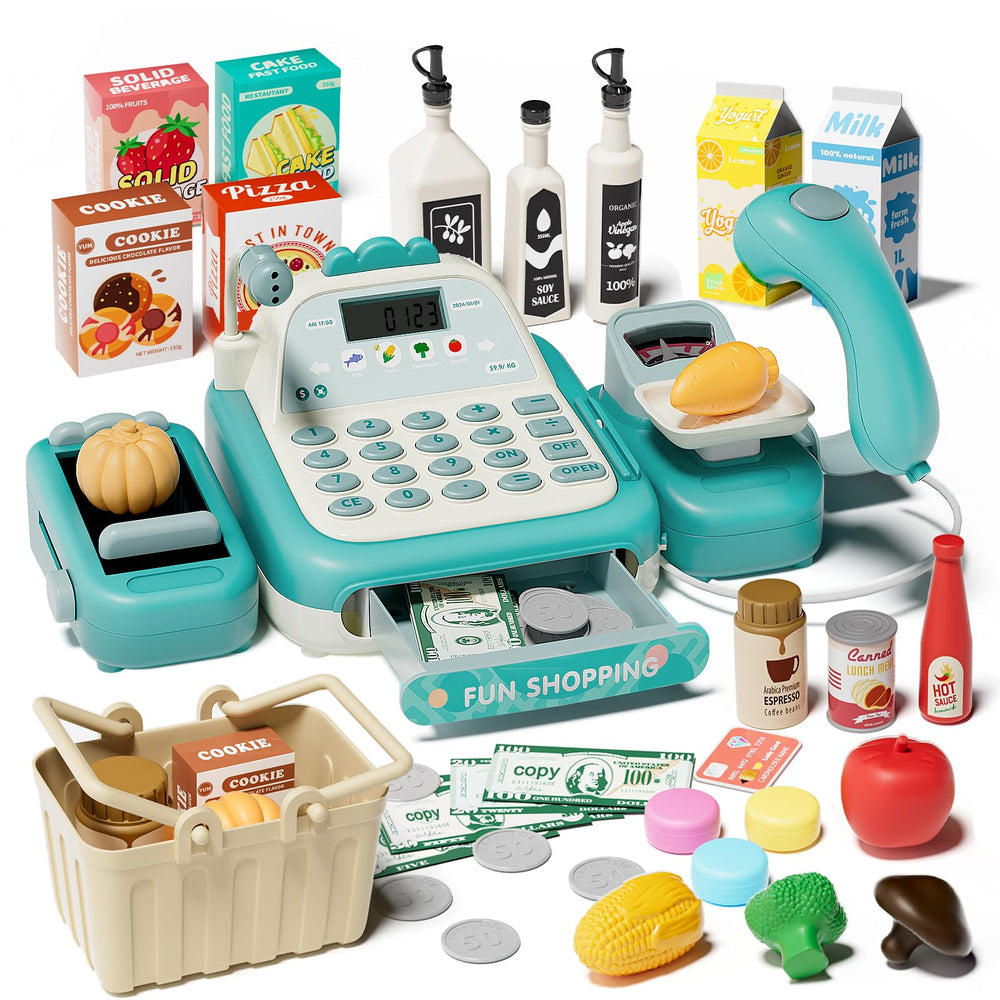 STACTCUTE 49-piece cash register set with conveyor belt for math practice and imaginative shopping.