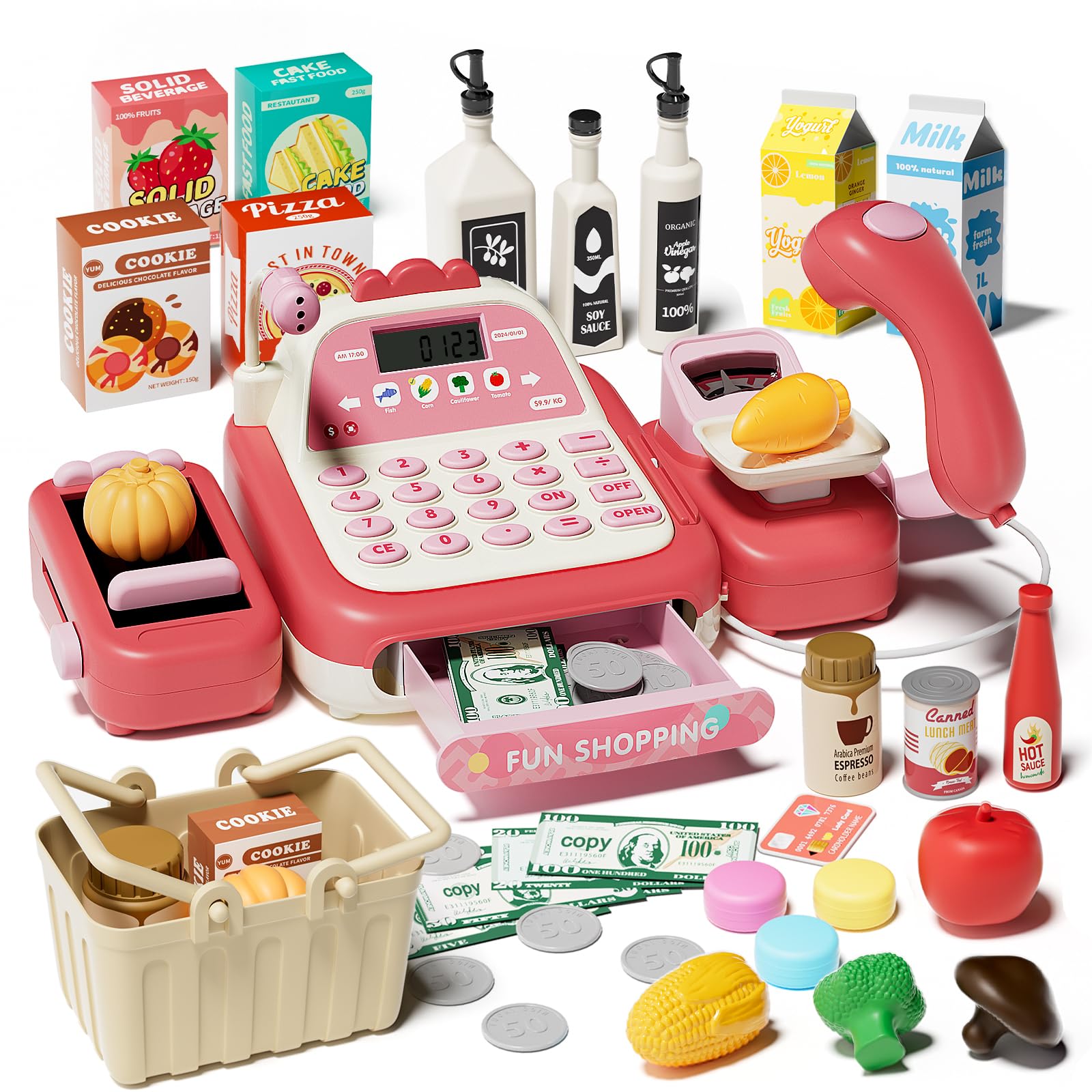 STACTCUTE pink 49-piece cash register toy with a functional calculator for math play