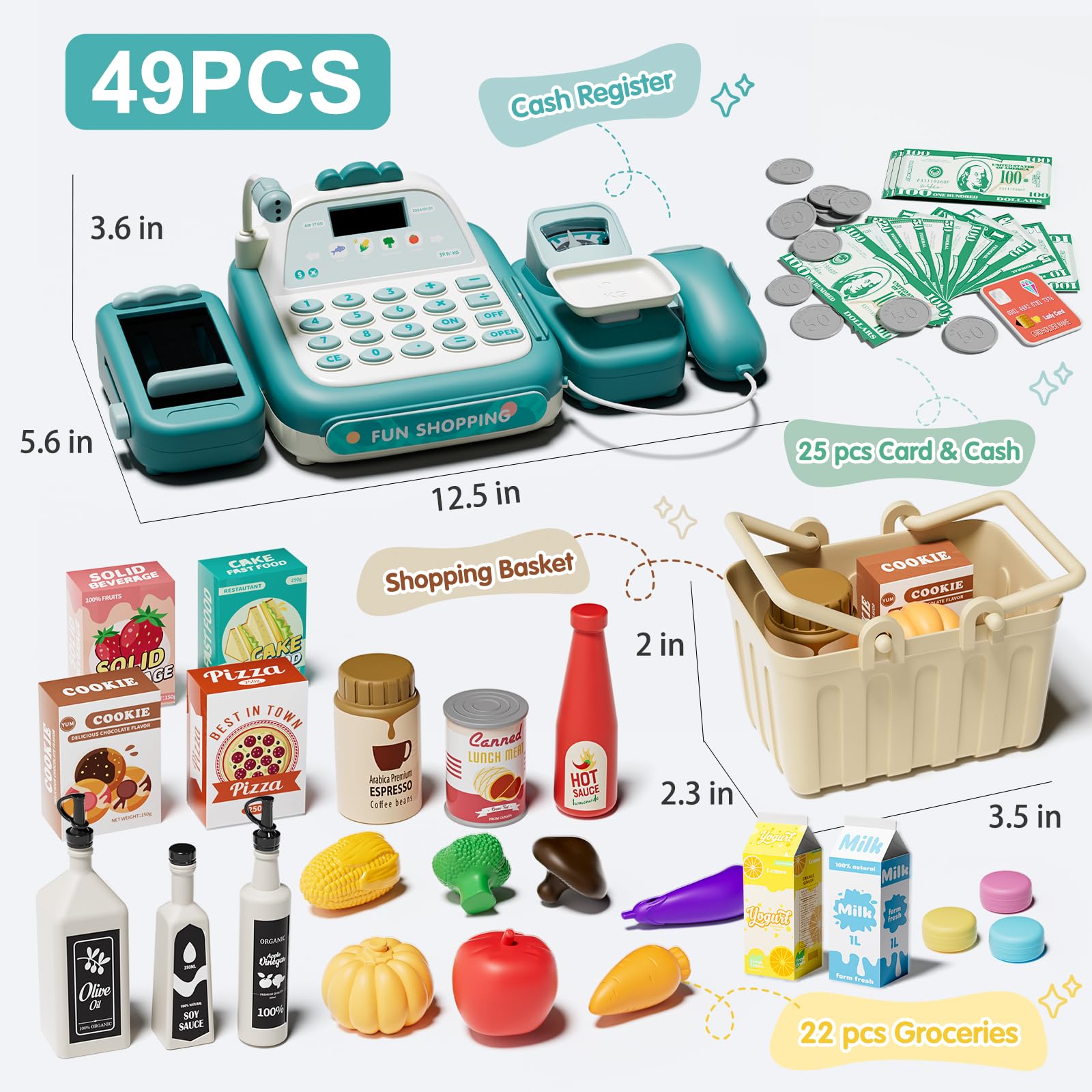STACTCUTE cashier scanner and microphone create a realistic checkout experience.