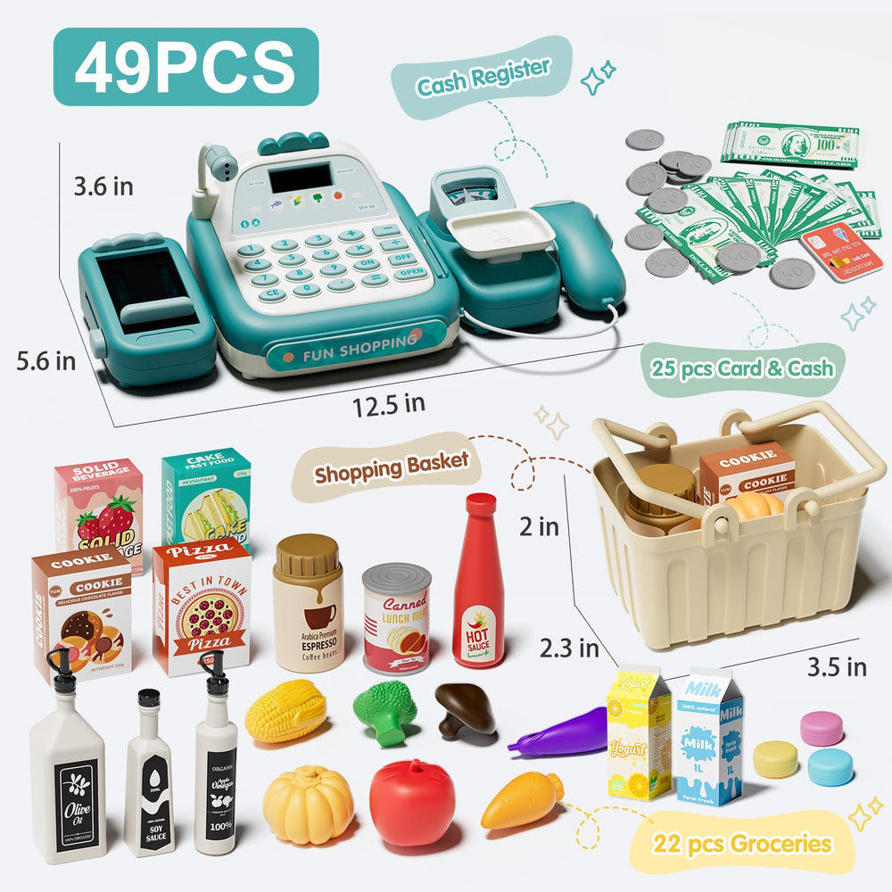 STACTCUTE cashier scanner and microphone create a realistic checkout experience.