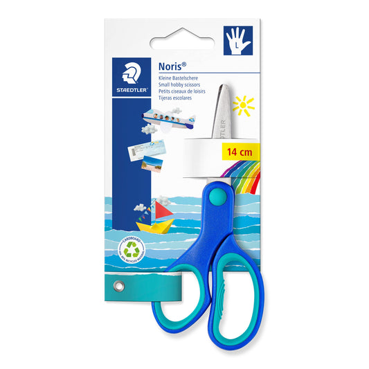 Staedtler Noris Club left-handed scissors packaging shown for classroom crafts.