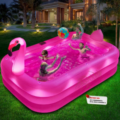 StarOcean inflatable pool with flamingo lights brightens evenings for backyard fun