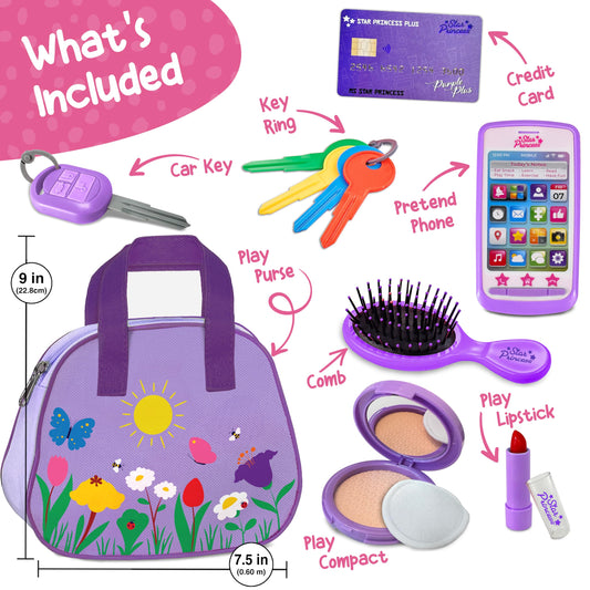 Star Princess accessories included inside the purse for tidy pretend makeup