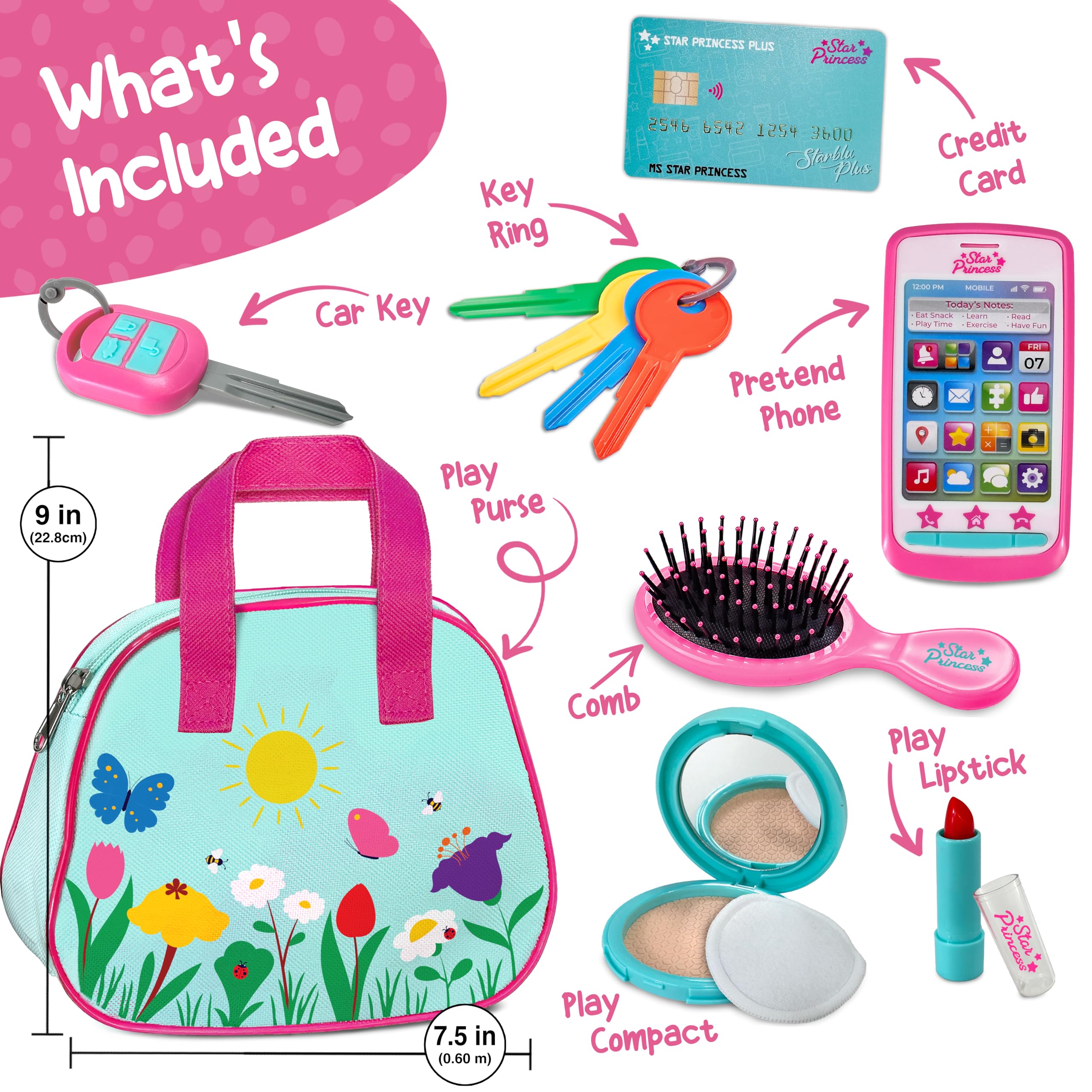Star Princess play purse blue accessories layout with purse, money and cards for pretend shopping