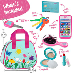 Star Princess play purse blue accessories layout with purse, money and cards for pretend shopping