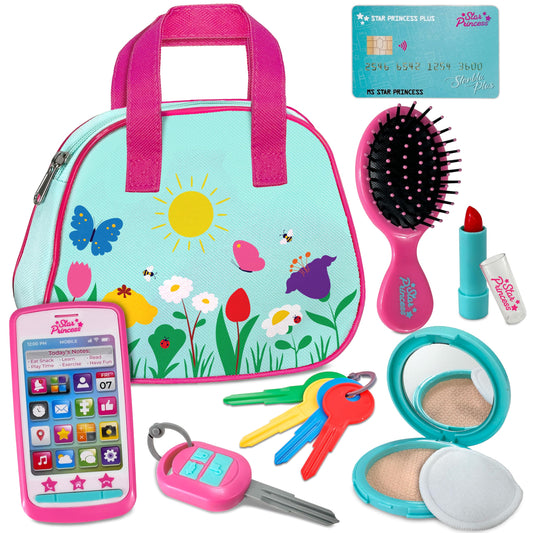 Star Princess play purse blue front view with pretend accessories for imaginative play