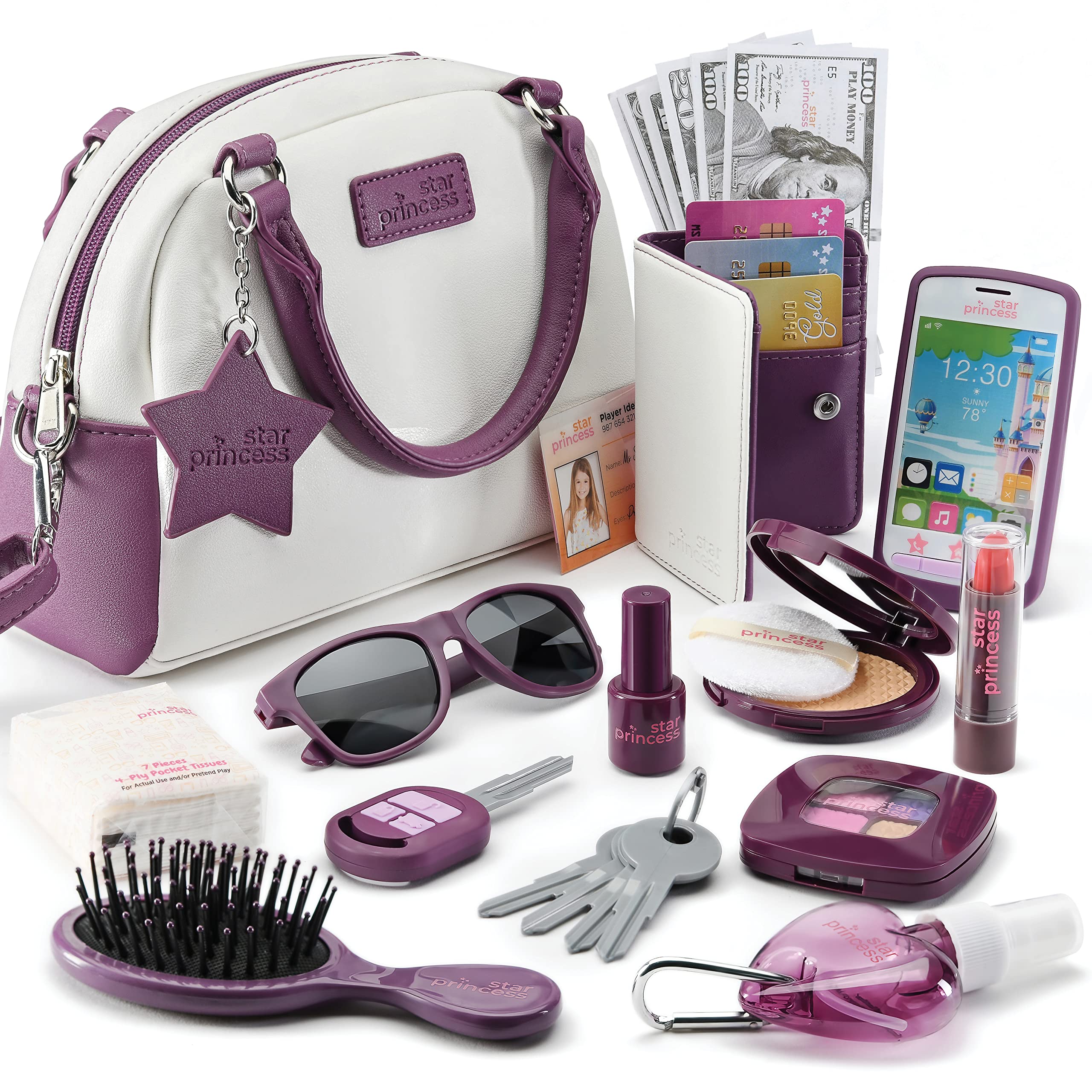 Star Princess play purse open with contents for imaginative pretend play.