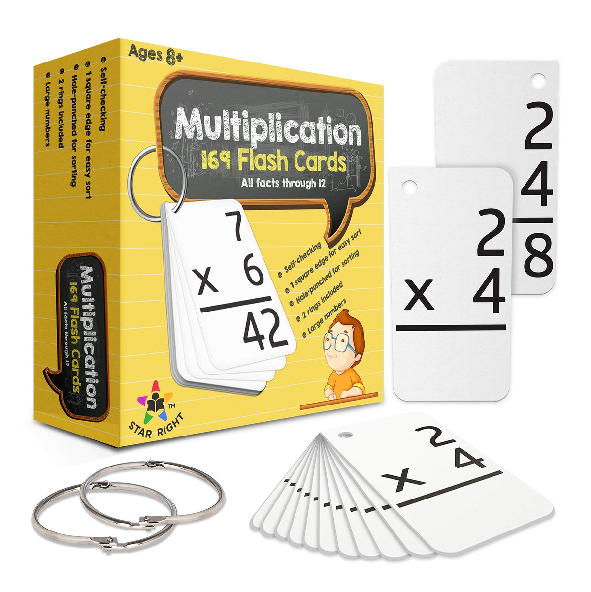 Star Right multiplication flash cards front view with rings for organized practice