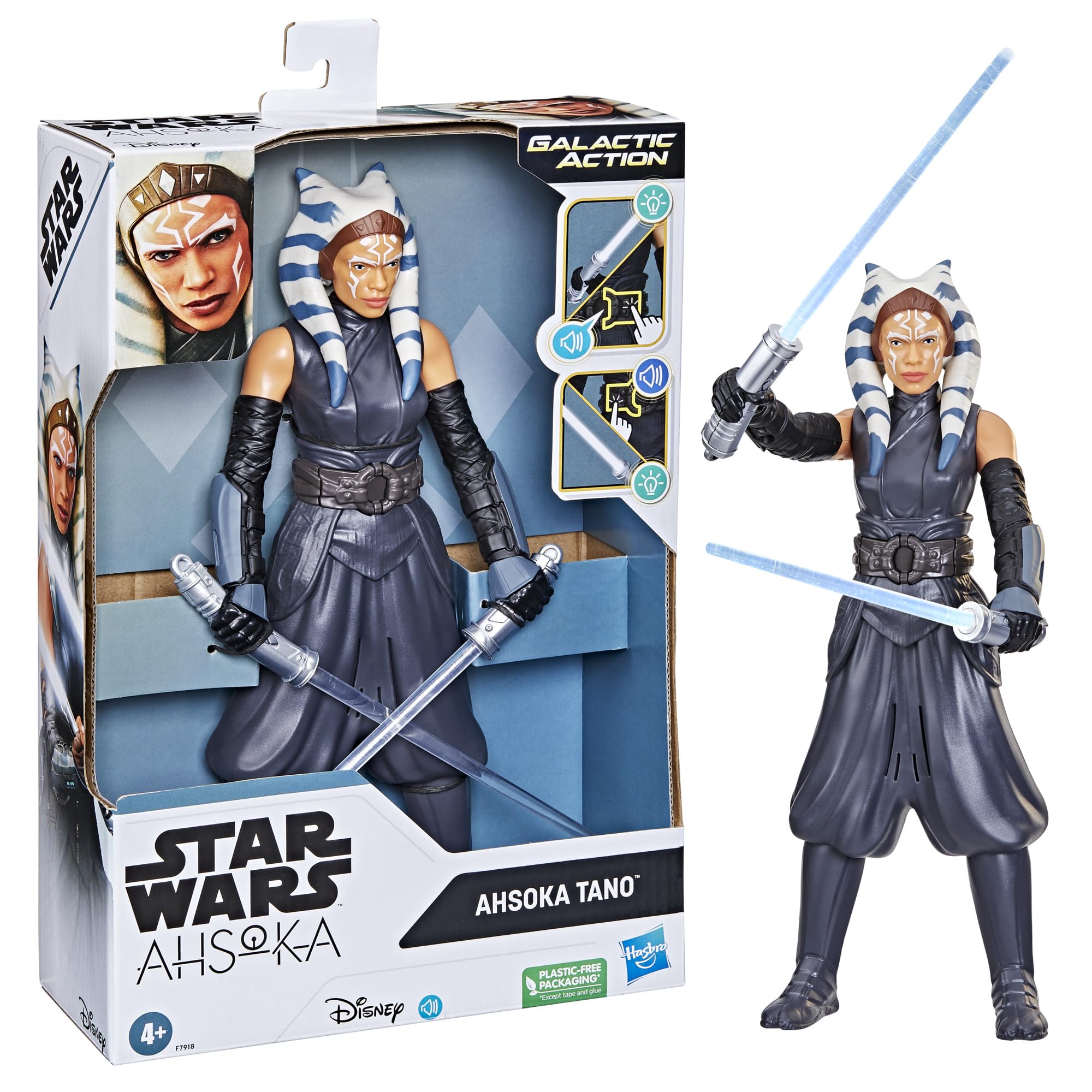 Star Wars Ahsoka Tano figure with glowing white lightsabers for dramatic light-and-sound play.