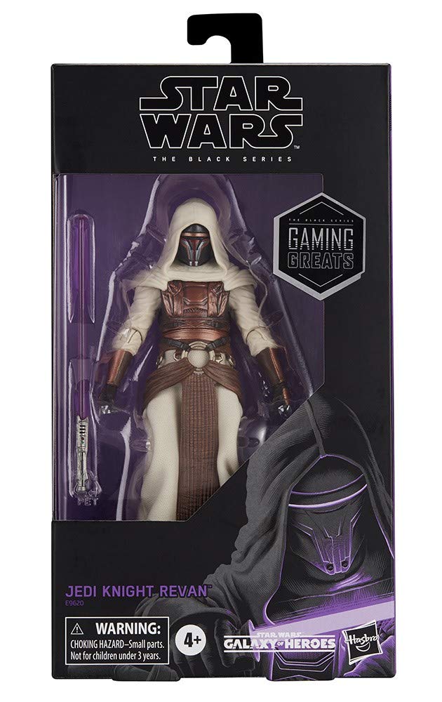 Star Wars Black Series Jedi Knight Revan figure with purple lightsaber ready for display and collection.