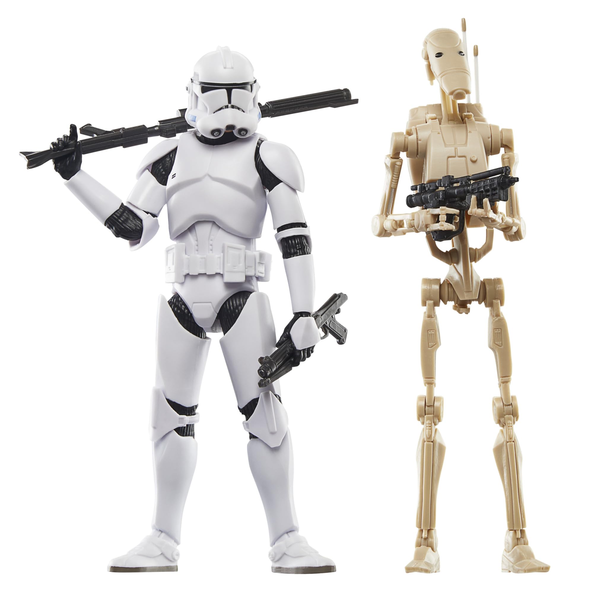 STAR WARS The Black Series Phase II clone trooper and battle droid 2-pack for display and storytelling.