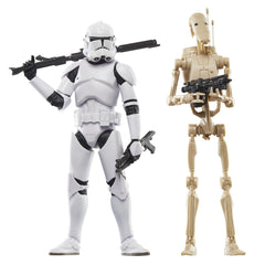 STAR WARS The Black Series Phase II clone trooper and battle droid 2-pack for display and storytelling.