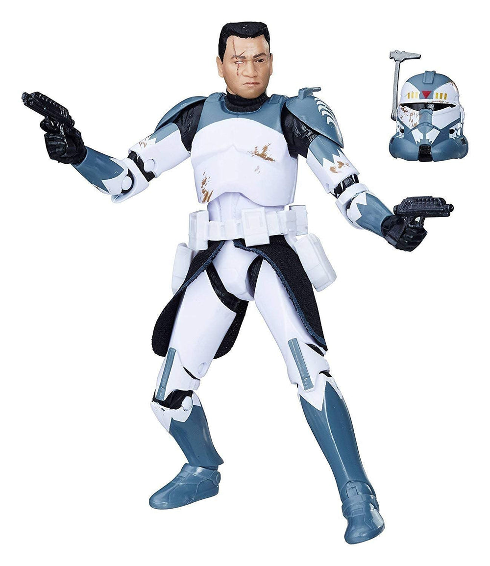 Star Wars Clone Commander Wolffe figure includes two accessories and detachable helmet for versatile posing.