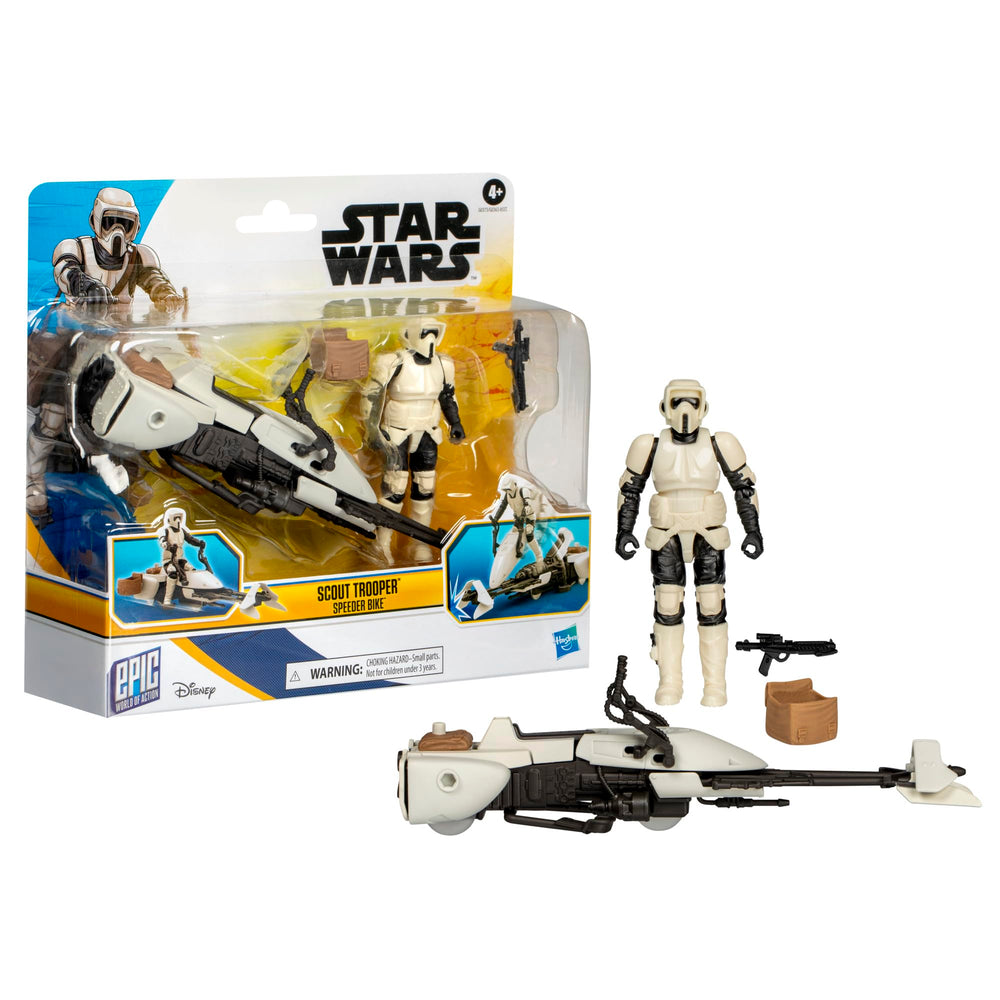 Star Wars Epic World Scout Trooper on speeder bike offers fast pretend chases.