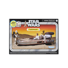 STAR WARS landspeeder with Luke Skywalker figure on display, ideal for collectors.