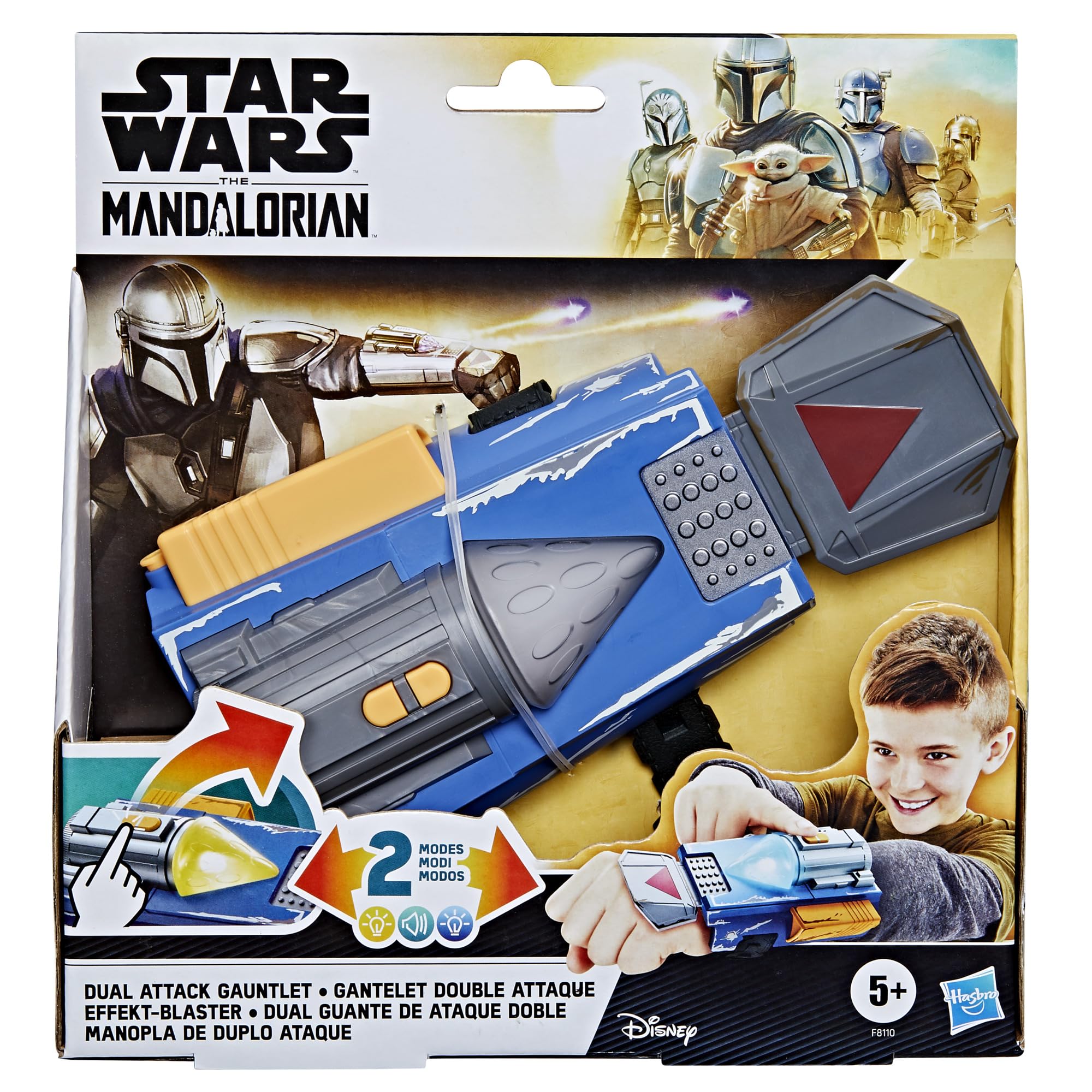STAR WARS Mandalorian gauntlet shows yellow flamethrower lights for action play.