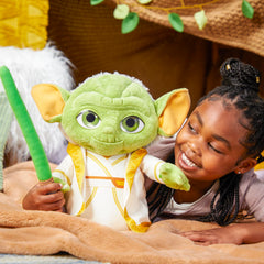 Star Wars Master Yoda Plush acrylic eyes close-up with friendly expression.
