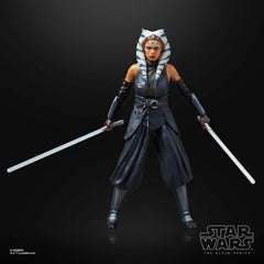 Star Wars The Black Series Ahsoka Tano figure with two sabers for authentic weapon display.