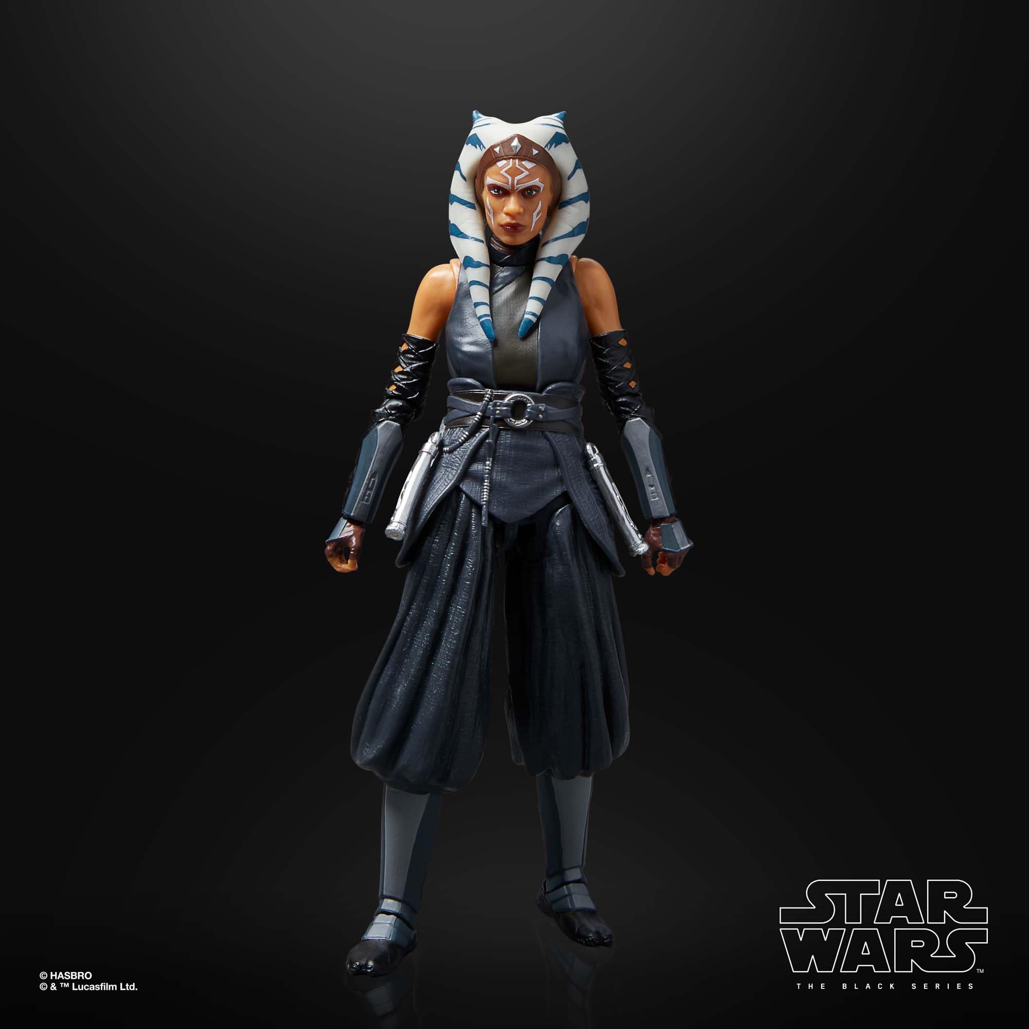 Star Wars The Black Series Ahsoka Tano figure with lightsabers for authentic character portrayal.