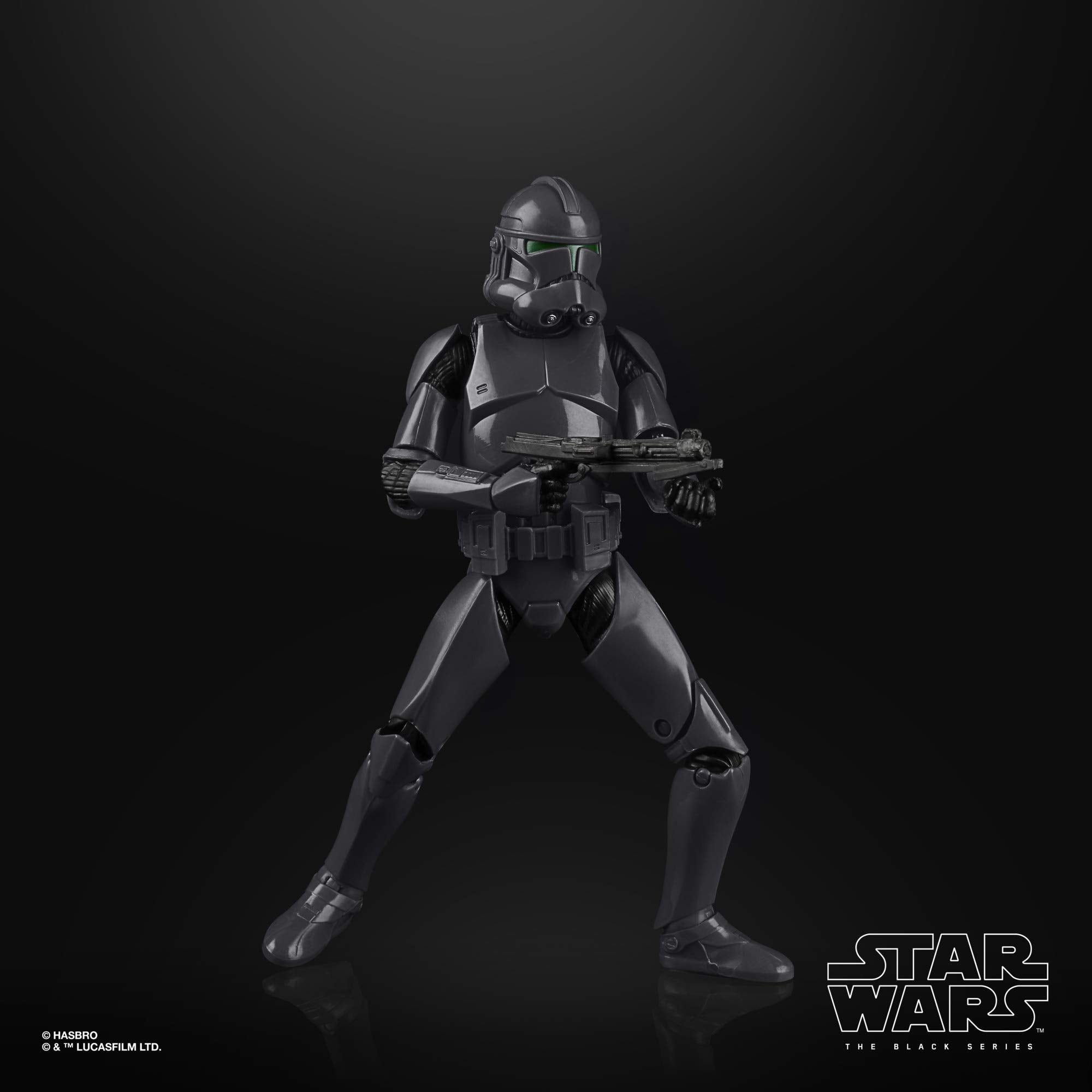 STAR WARS The Black Series Elite Squad Trooper scale figure beside other characters