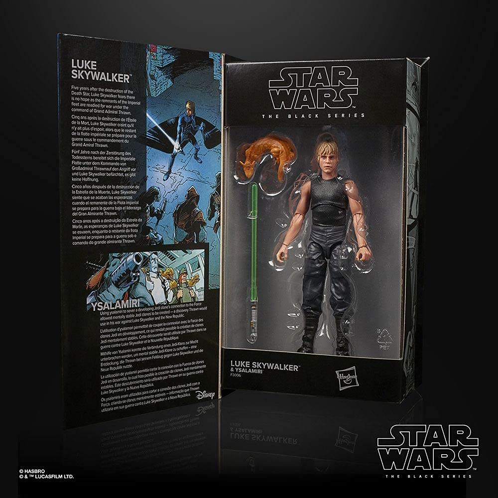 Star Wars The Black Series Luke Skywalker figure side profile, highlighting detailed costume for dynamic display.