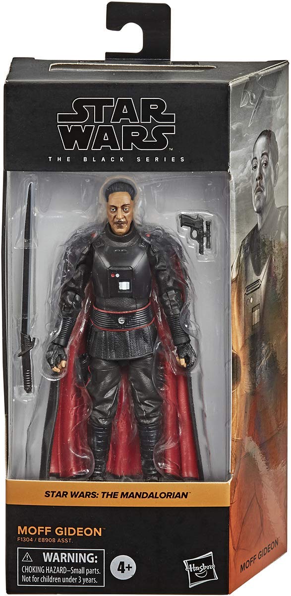 STAR WARS The Black Series Moff Gideon on a stand for ready-to-display poses.