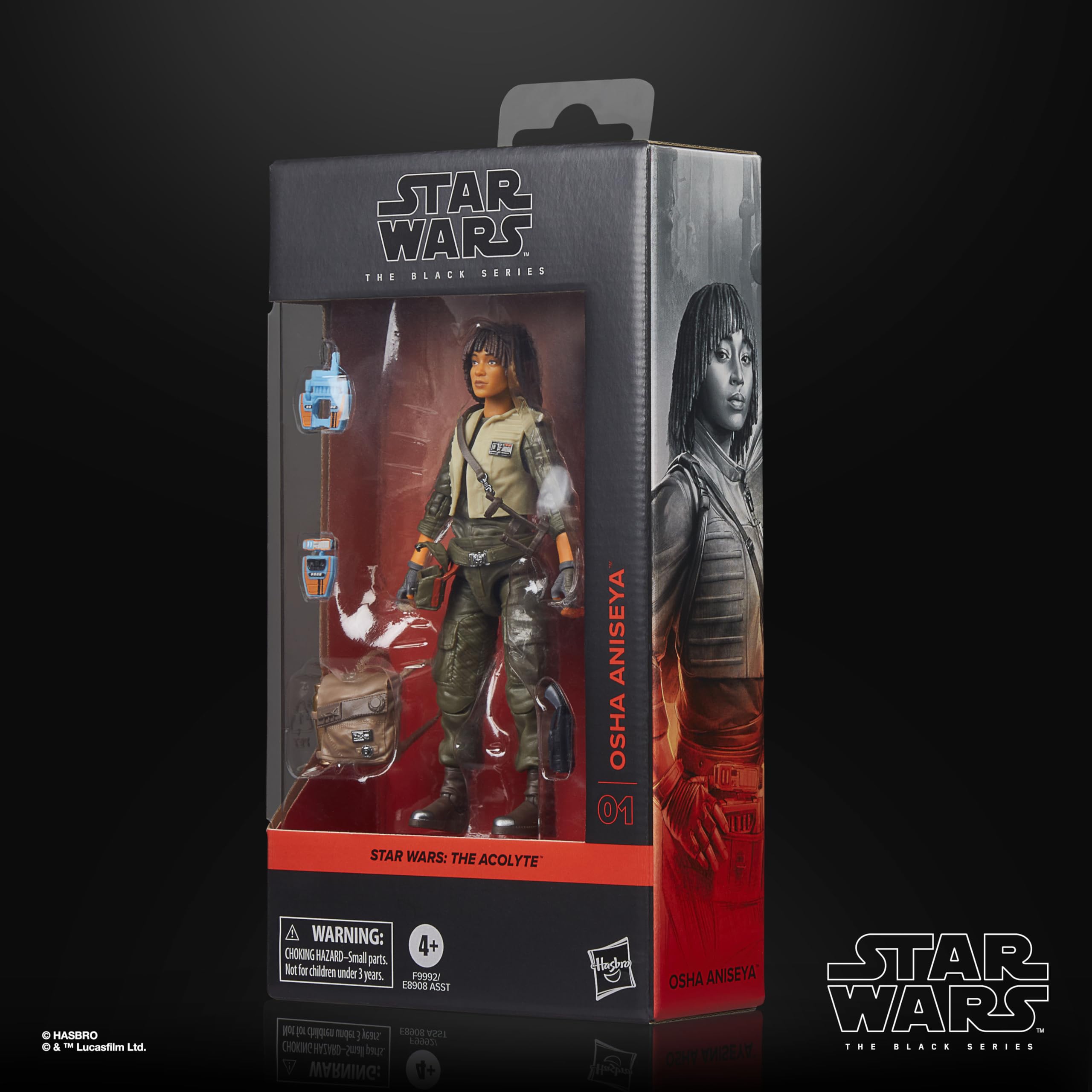 STAR WARS The Black Series Osha Aniseya accessories close-up shows included blaster and backpack.