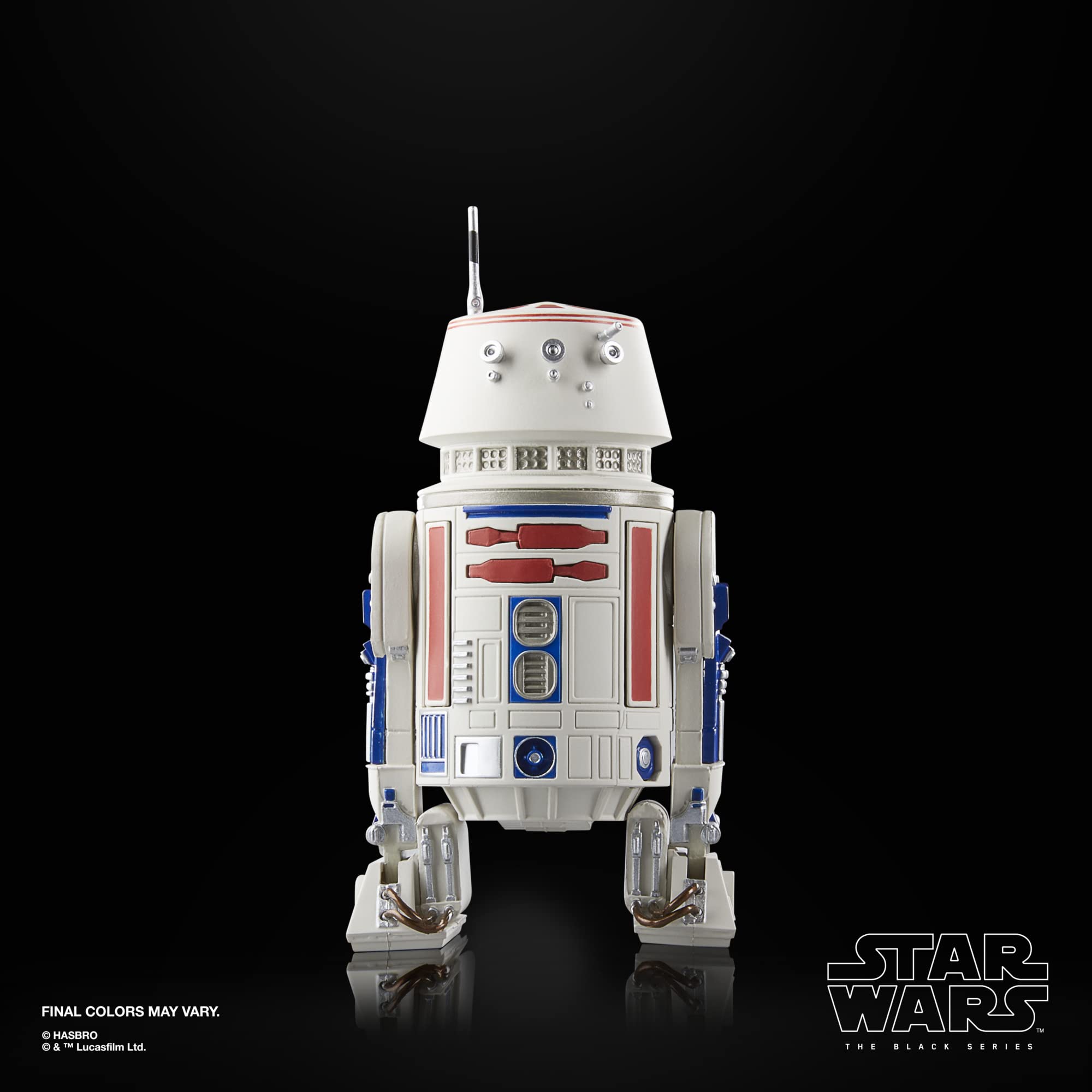 R5-D4 figure from The Mandalorian with authentic deco for display.
