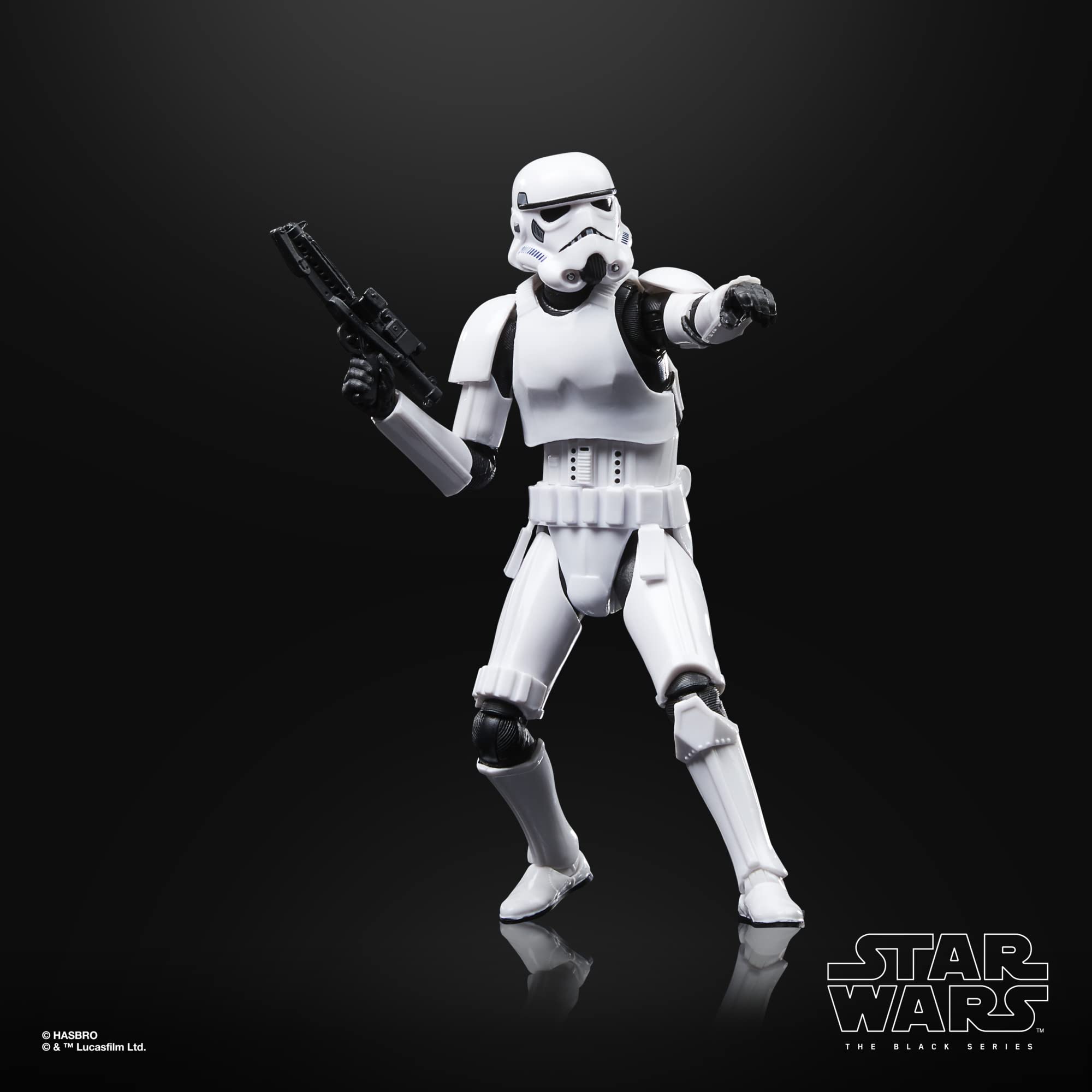 STAR WARS The Black Series Stormtrooper with blaster accessory ideal for imaginative play and dioramas.