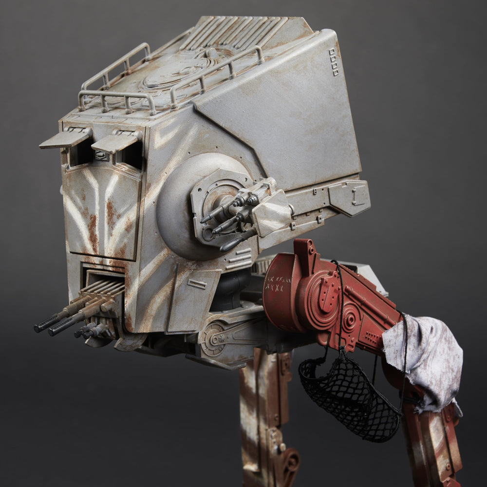 STAR WARS Vintage Collection Mandalorian figure posed with AT-ST Raider