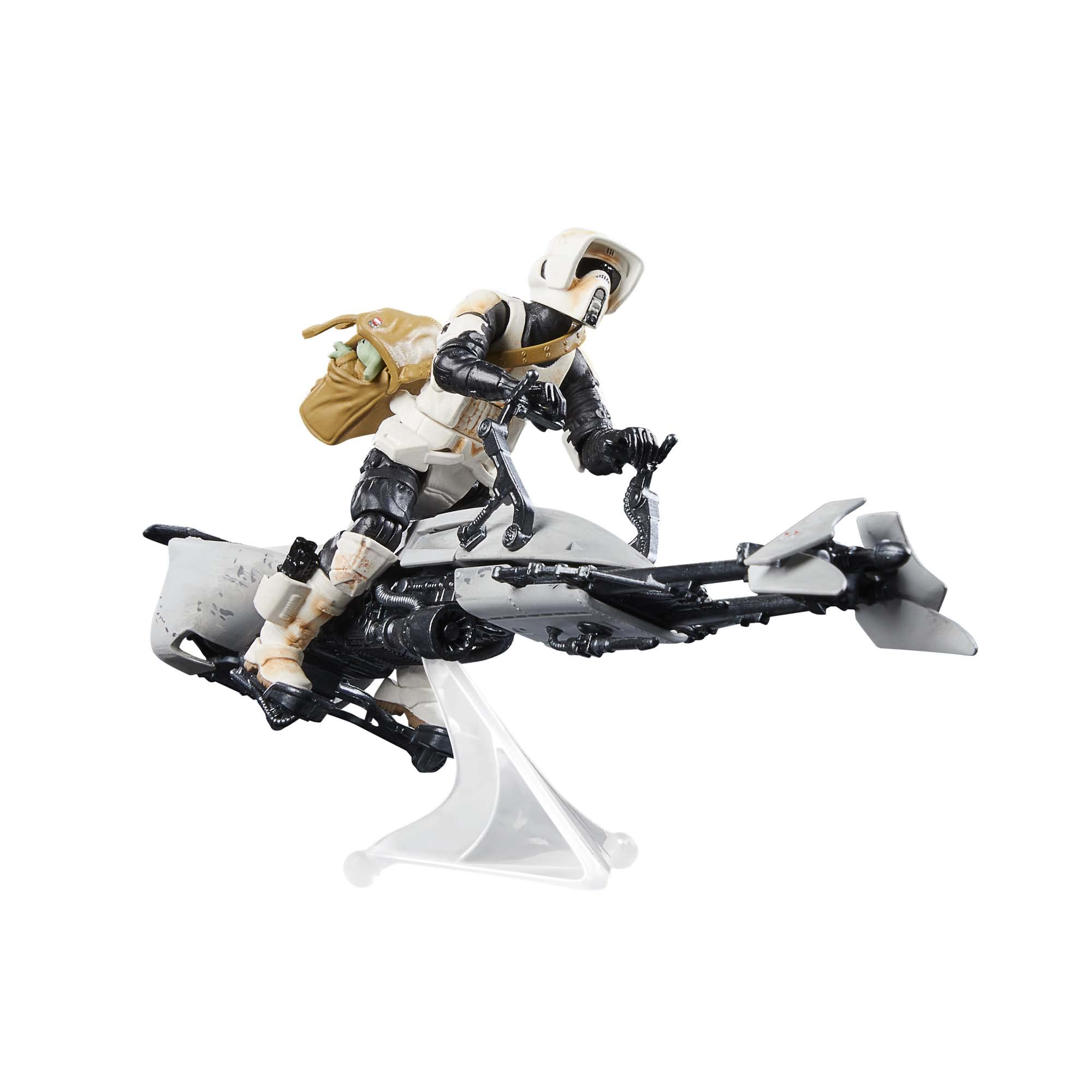 Star Wars Vintage Collection speeder bike with Scout Trooper and Grogu for immersive play.
