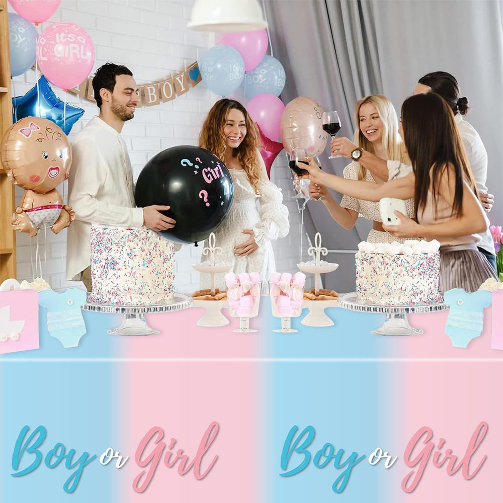 Staraise pink blue tablecloth on dessert table during reveal party